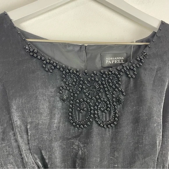 NWT Adrianna Papell Black Cocktail Dress Tiered Ruffle Sleeveless Beaded Neck - Picture 7 of 12